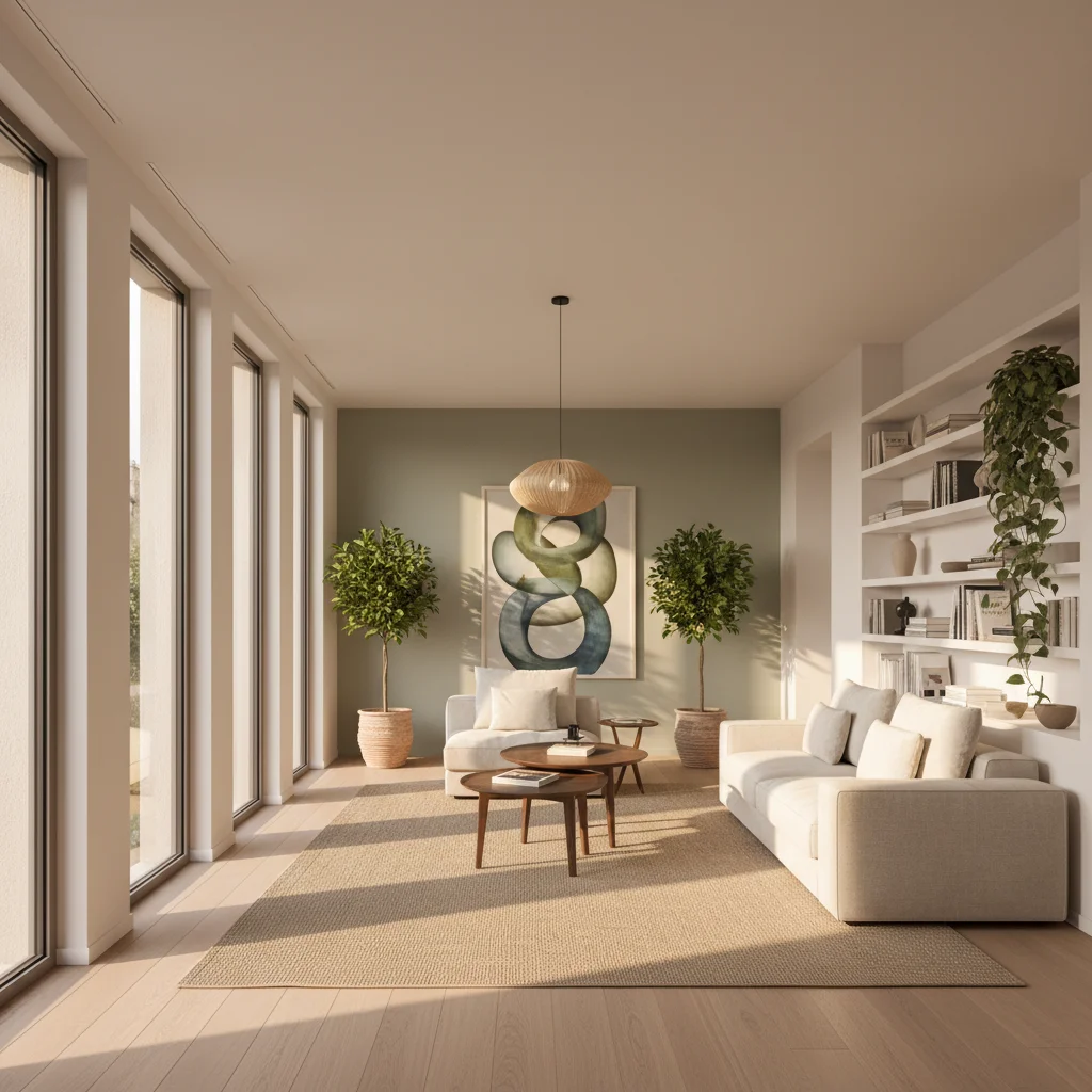 Salón de apartamento reformado en Barcelona con suelos de roble y luz natural